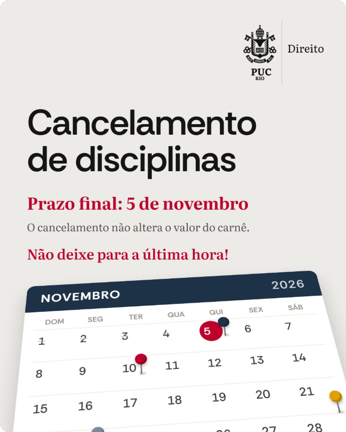 Cancelamento de disciplinas. Prazo final: 5 de novembro. O cancelamento não altera o valor do carnê. Não deixe para a última hora!
